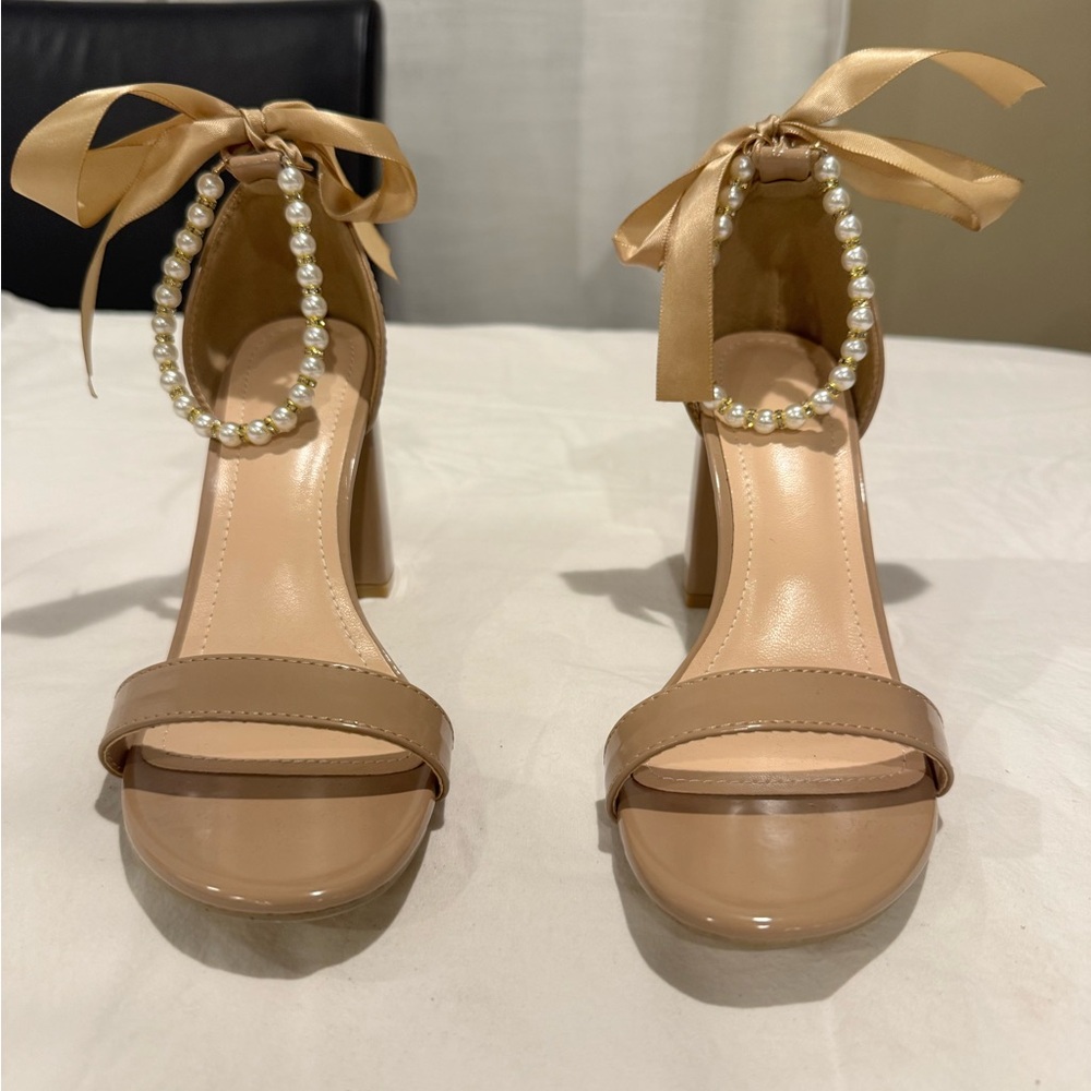 Elegant Tan Pearl-Embellished Women's Heels